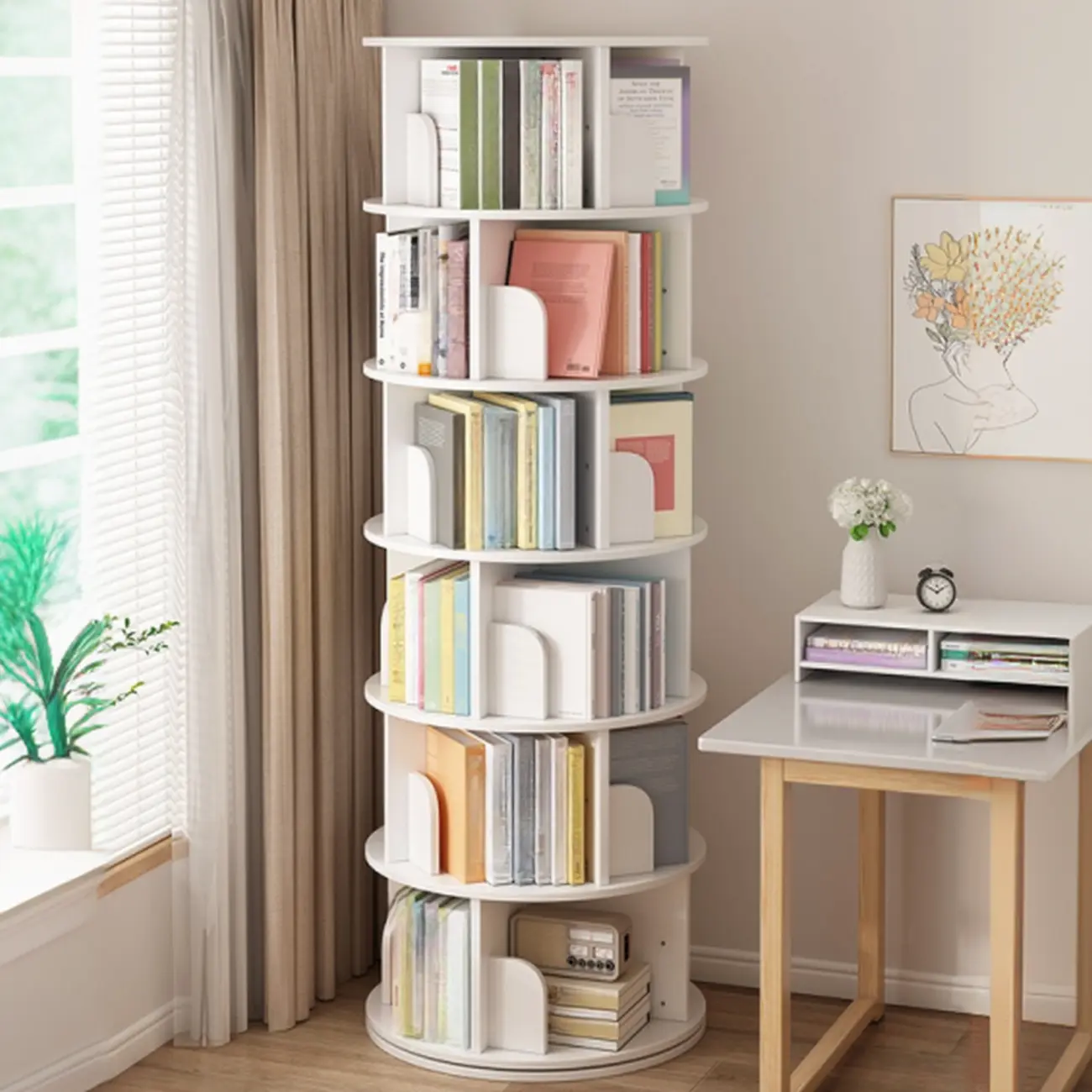 Brown Cylindrical Wooden Rotating Open-Back Bookcase Image - 9 | homeyfad