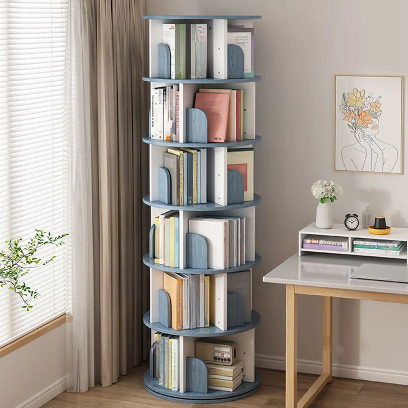 Brown Cylindrical Wooden Rotating Open-Back Bookcase Image - 12