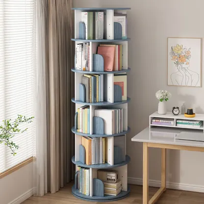 Brown Cylindrical Wooden Rotating Open-Back Bookcase Image - 12
