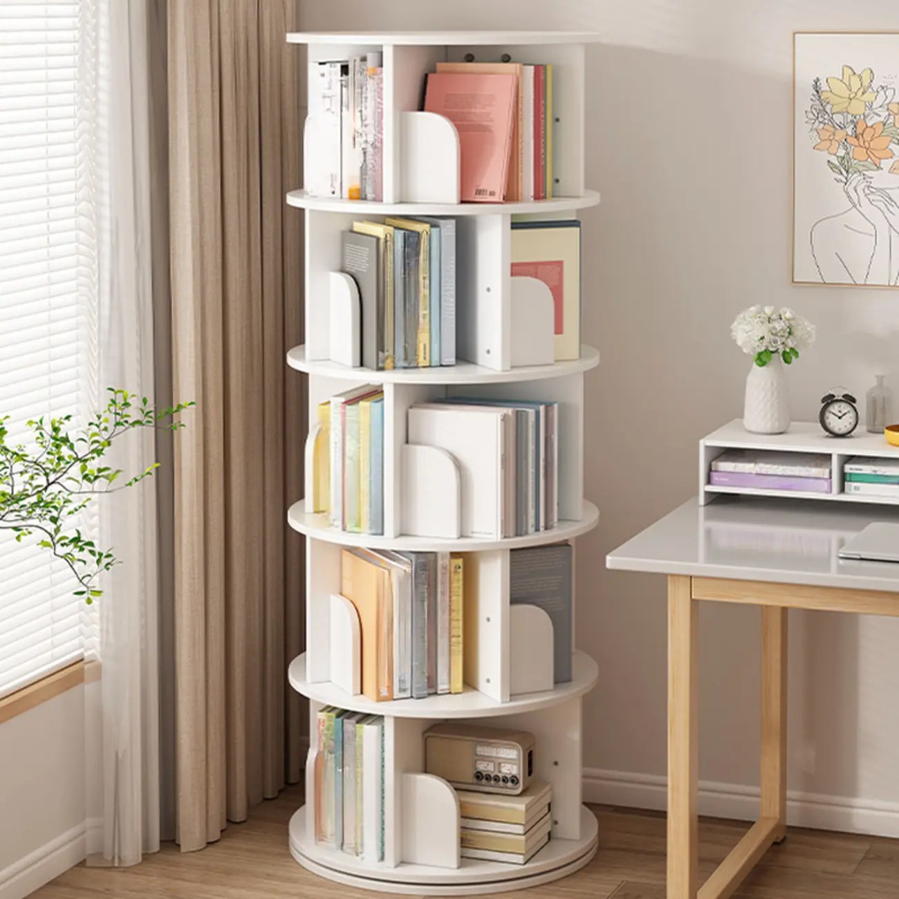 Brown Cylindrical Wooden Rotating Open-Back Bookcase | homeyfad