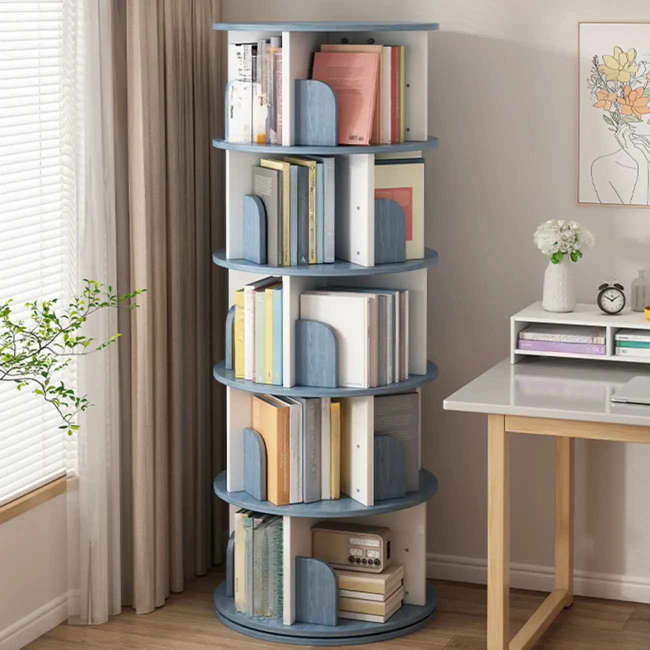 Brown Cylindrical Wooden Rotating Open-Back Bookcase Image - 13