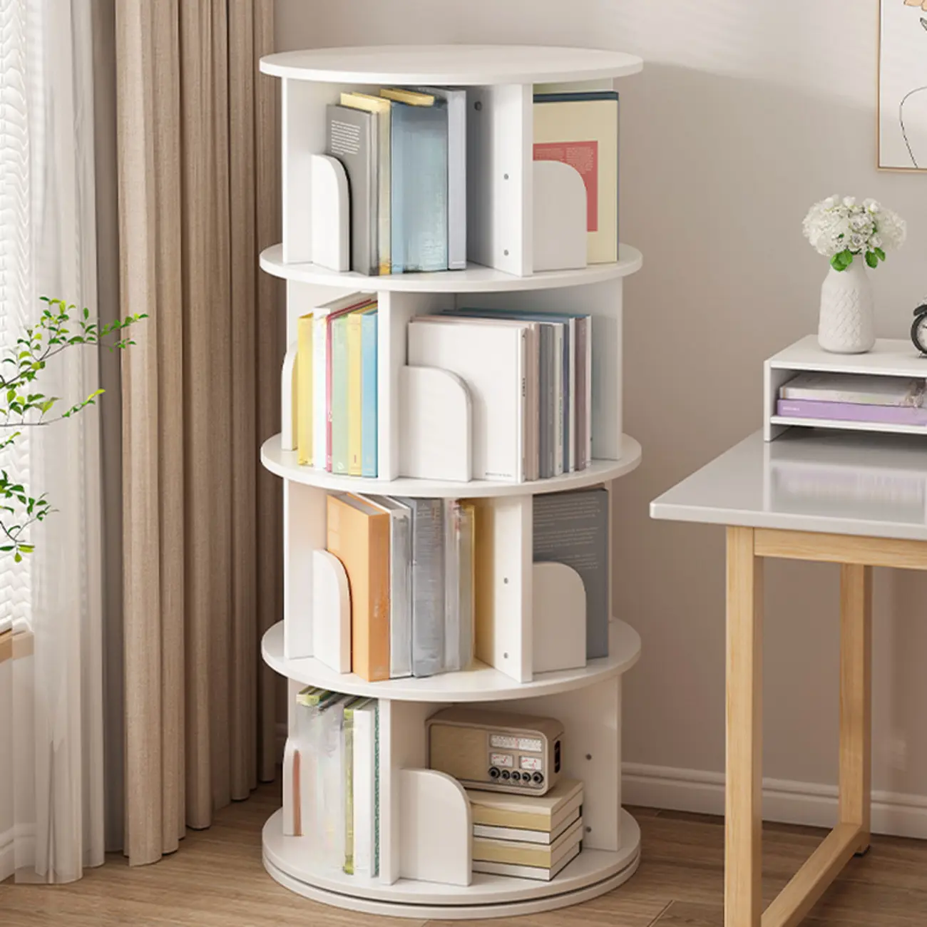 Brown Cylindrical Wooden Rotating Open-Back Bookcase Image - 14 | homeyfad