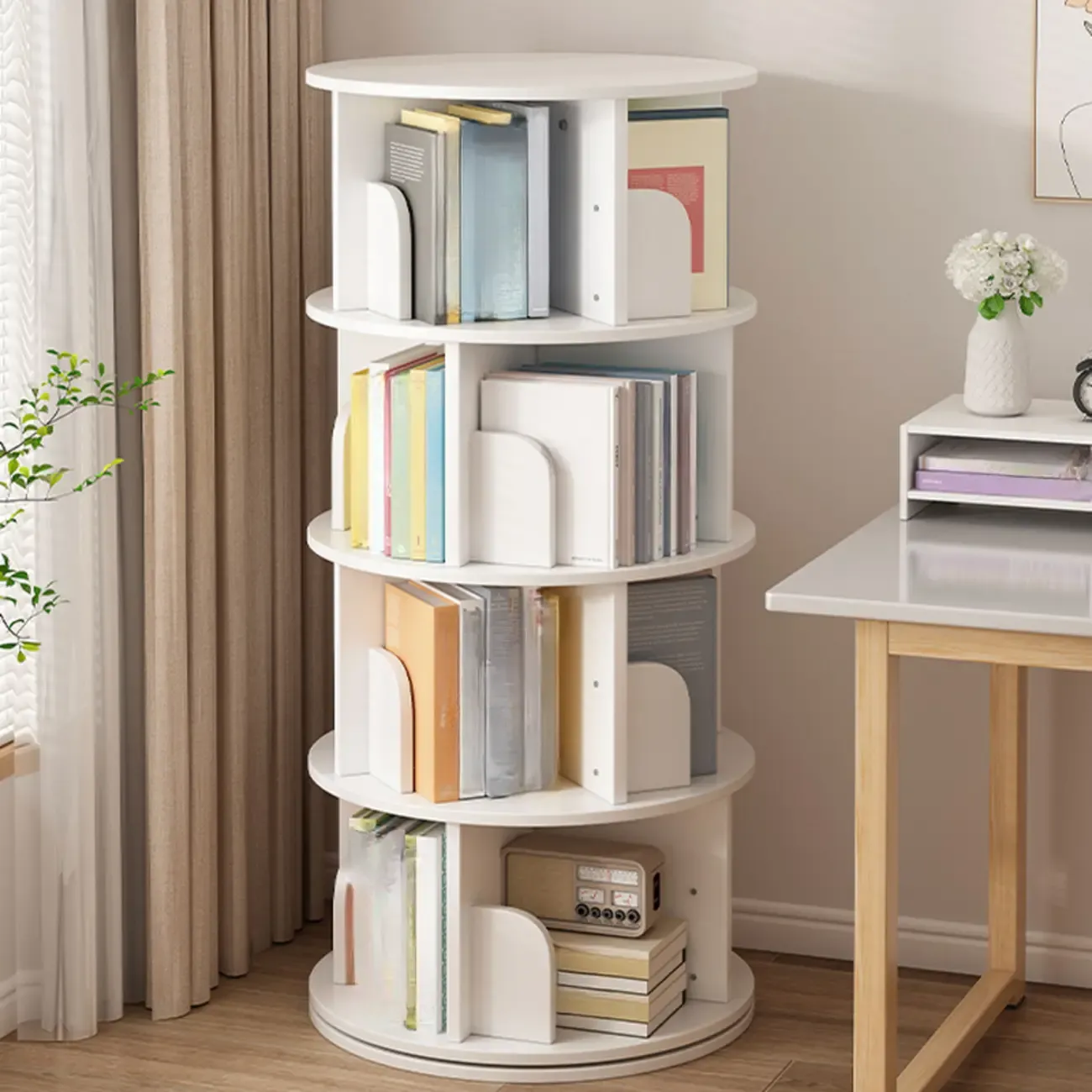 Brown Cylindrical Wooden Rotating Open-Back Bookcase Image - 14