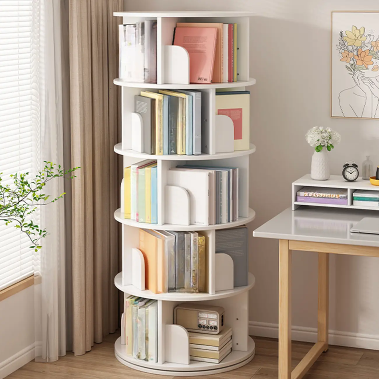 Brown Cylindrical Wooden Rotating Open-Back Bookcase Image - 16 | homeyfad