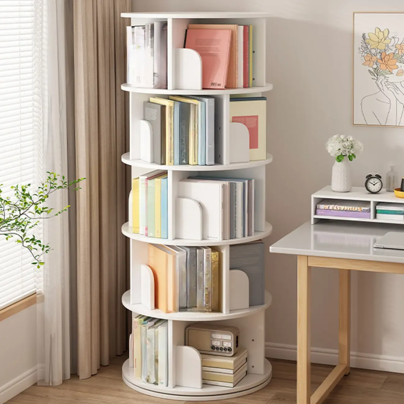 Brown Cylindrical Wooden Rotating Open-Back Bookcase Image - 16