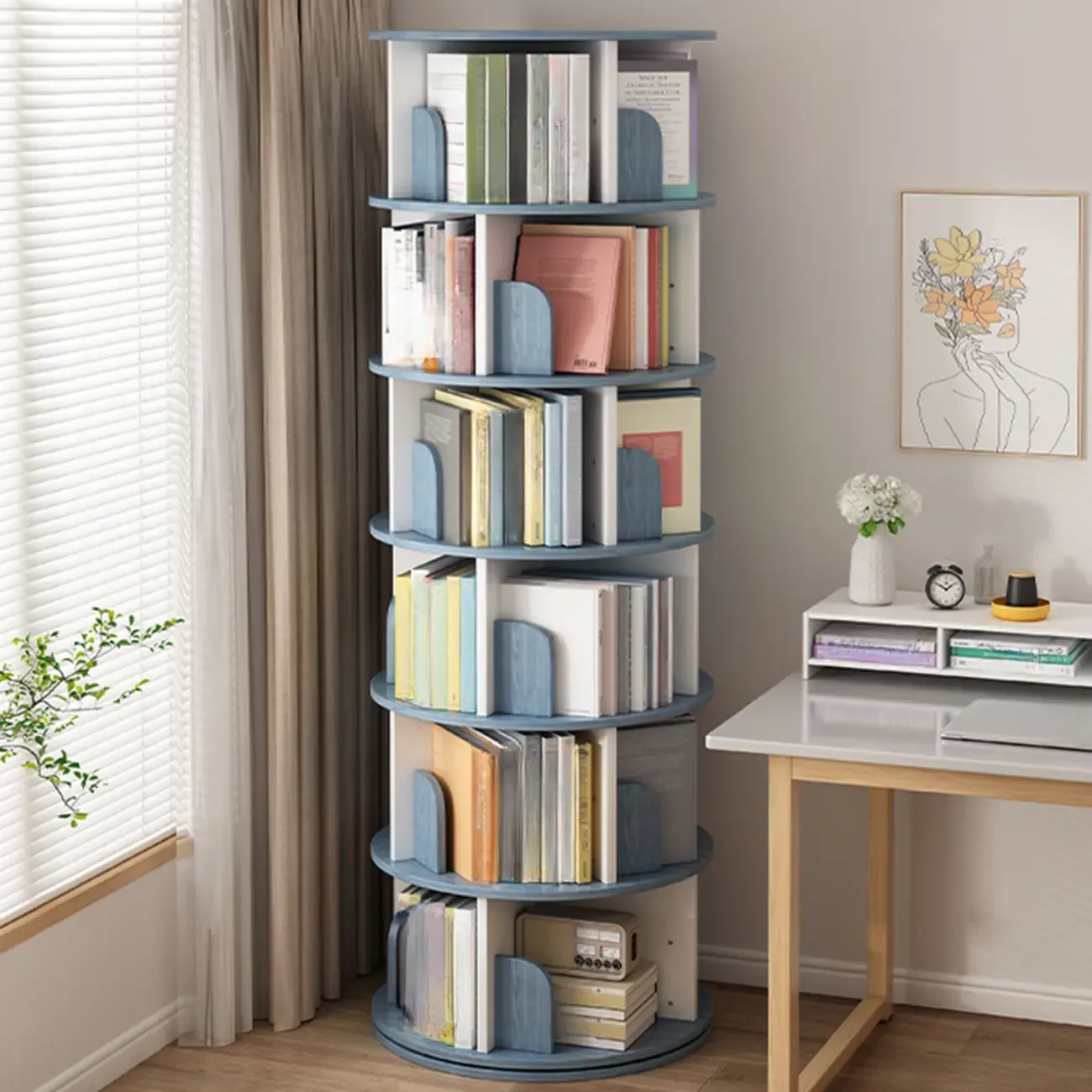 Brown Cylindrical Wooden Rotating Open-Back Bookcase Image - 17
