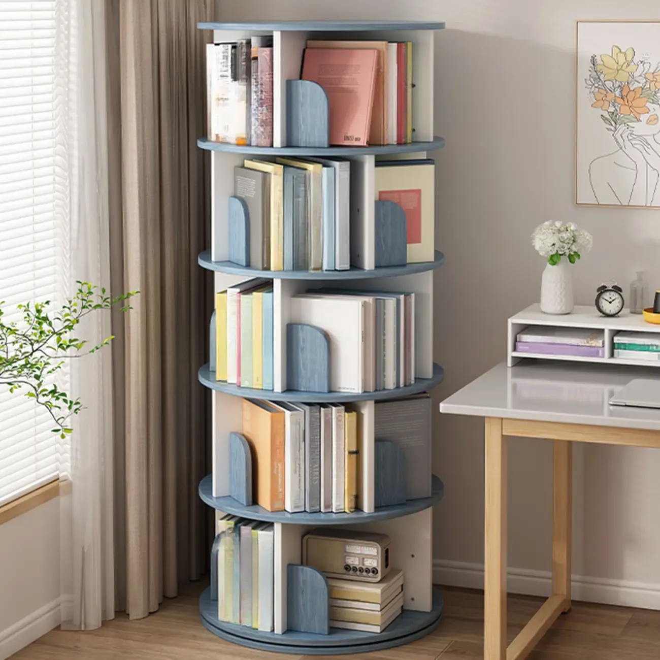 Brown Cylindrical Wooden Rotating Open-Back Bookcase Image - 19