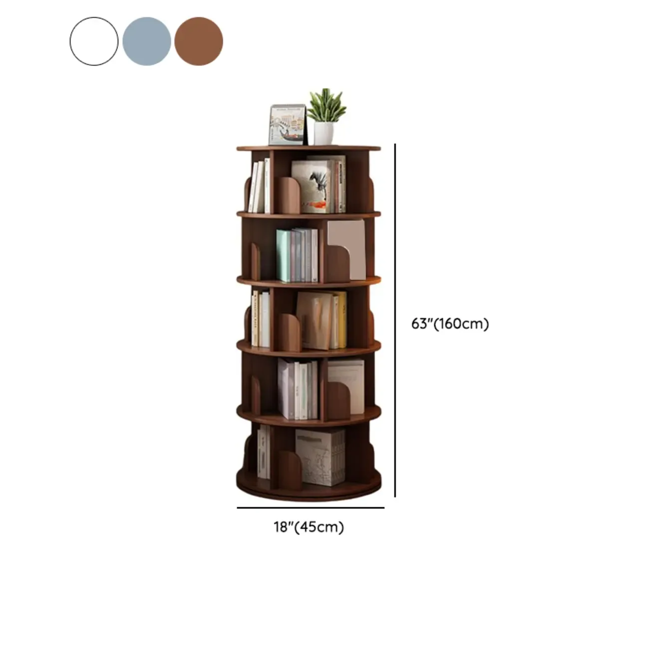 Brown Cylindrical Wooden Rotating Open-Back Bookcase Image - 23