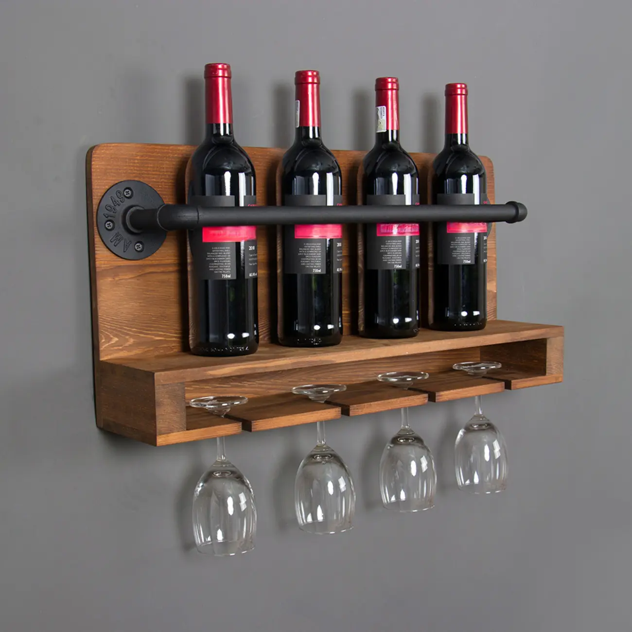 Modish Wooden Floating Mount Wall-fixed Wine Bottle and Glass Rack | homeyfad