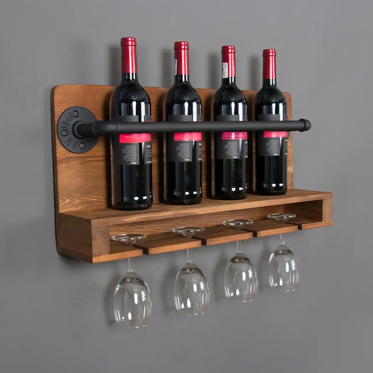 Modish Wooden Floating Mount Wall-fixed Wine Bottle and Glass Rack | HomeyFad