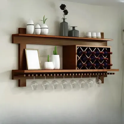 Vintage Hanging Wine Bottle and Glass Rack with Shelf Image - 1