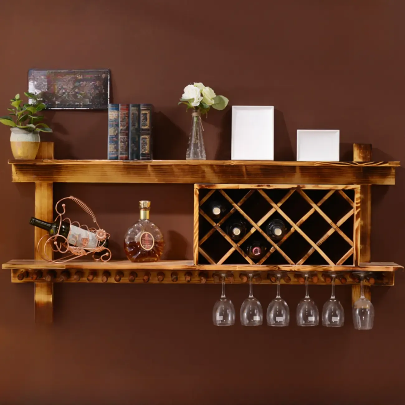 Vintage Hanging Wine Bottle and Glass Rack with Shelf | HomeyFad