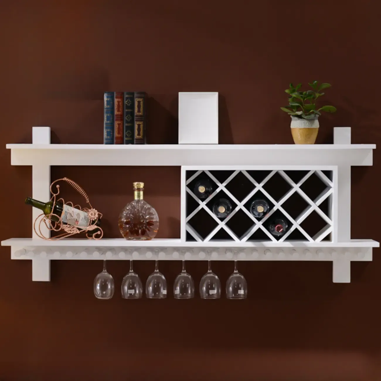 Vintage Hanging Wine Bottle and Glass Rack with Shelf Image - 4
