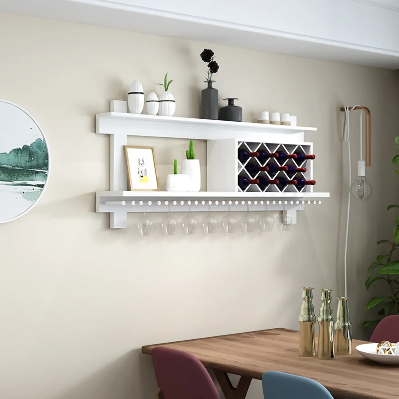 Vintage Hanging Wine Bottle and Glass Rack with Shelf Image - 6