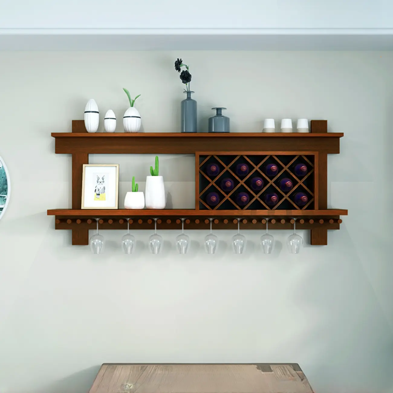 Vintage Hanging Wine Bottle and Glass Rack with Shelf Image - 2 | homeyfad