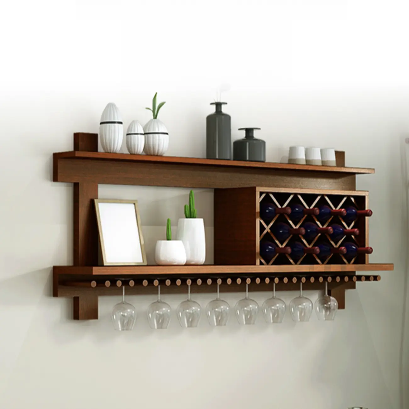 Vintage Hanging Wine Bottle and Glass Rack with Shelf Image - 5 | homeyfad