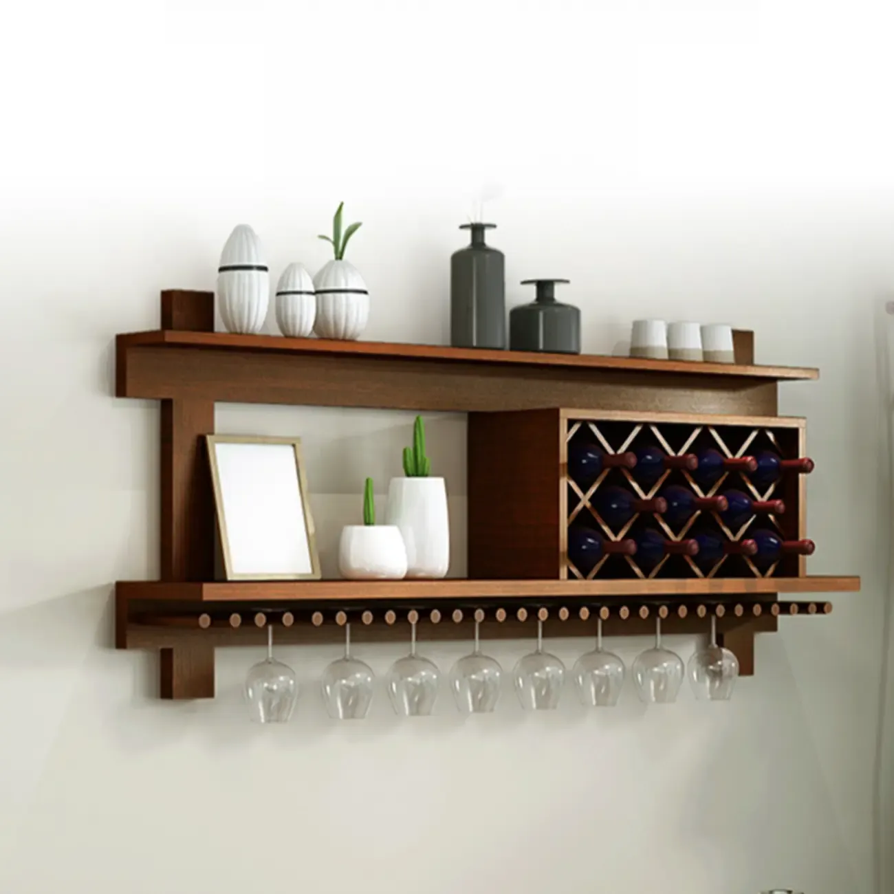 Vintage Hanging Wine Bottle and Glass Rack with Shelf Image - 5