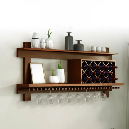 Vintage Hanging Wine Bottle and Glass Rack with Shelf Image - 5