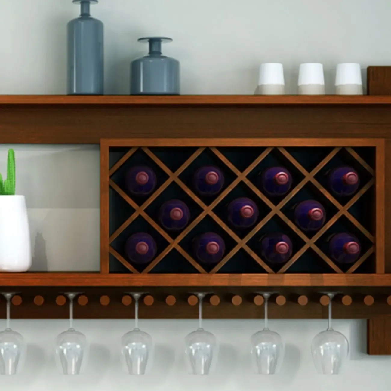 Vintage Hanging Wine Bottle and Glass Rack with Shelf Image - 9