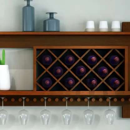 Vintage Hanging Wine Bottle and Glass Rack with Shelf Image - 9