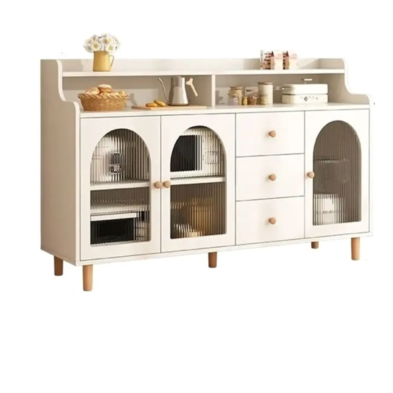 Kitchen Natural Wood Open Shelving 3-Drawer Sideboard Image - 22