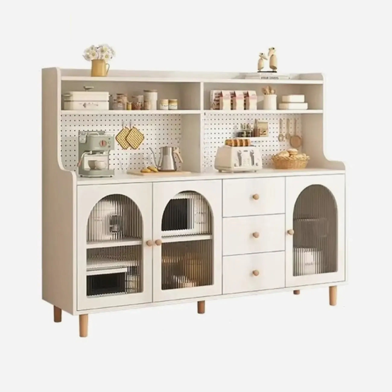 Kitchen Natural Wood Open Shelving 3-Drawer Sideboard Image - 23