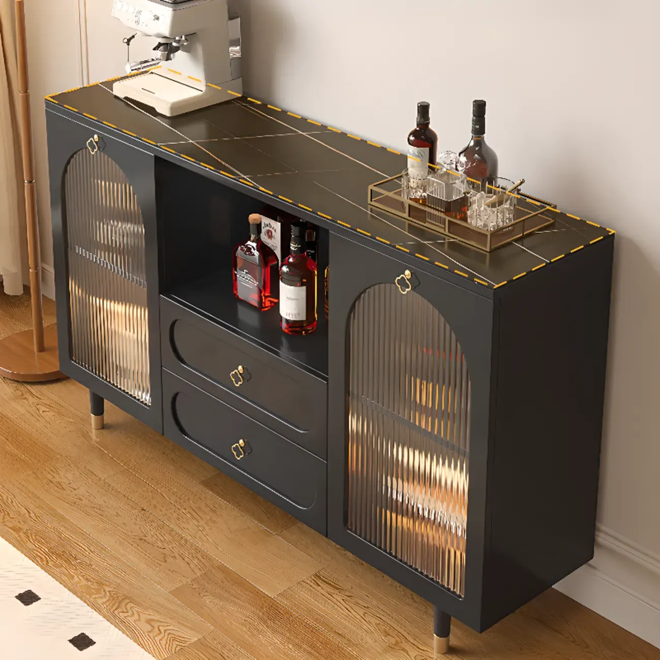 Modern Wooden 2-Drawer Open Shelving Buffet Cabinet Image - 4