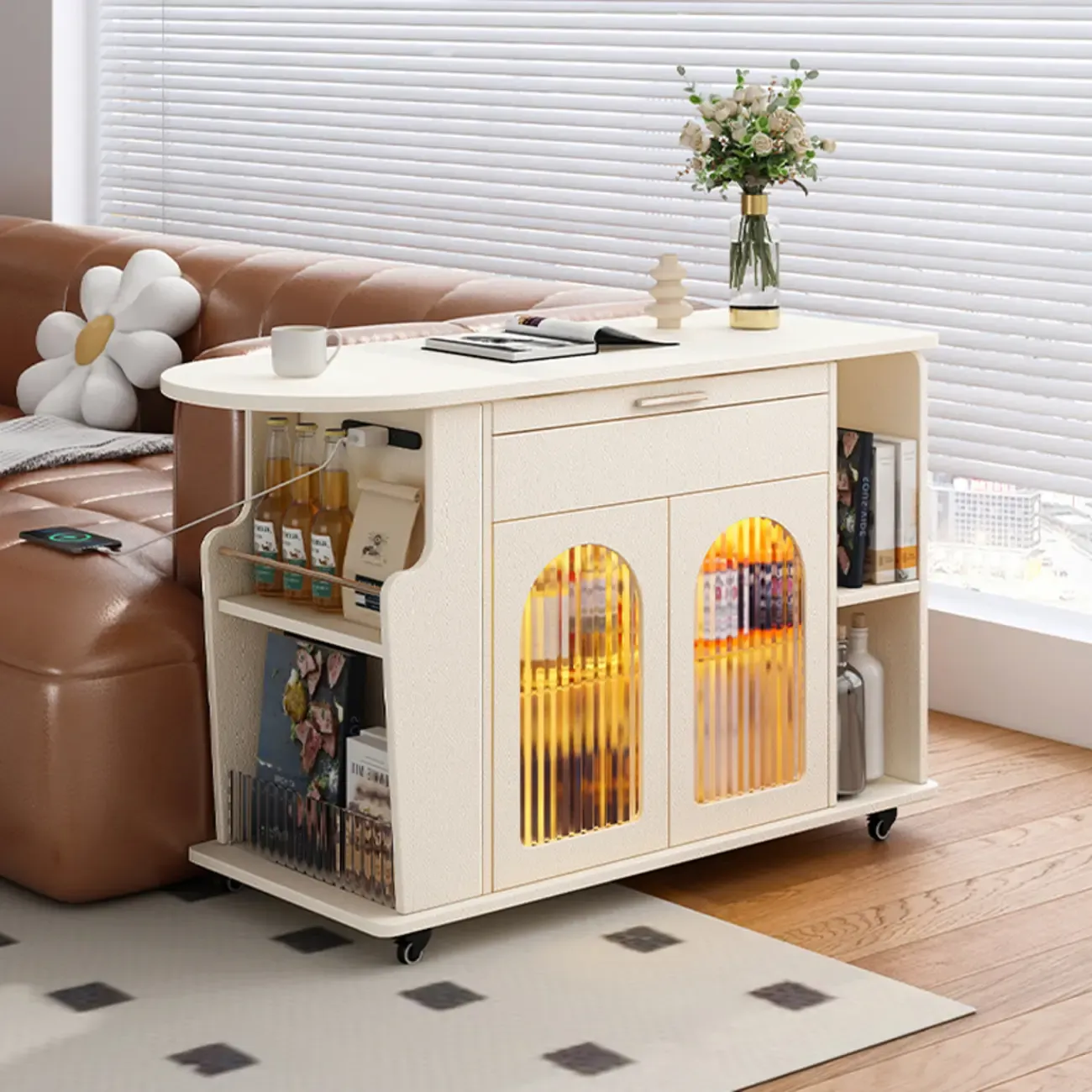 Adjustable White Wood Multi-Functional Side Table with Wheels Image - 1