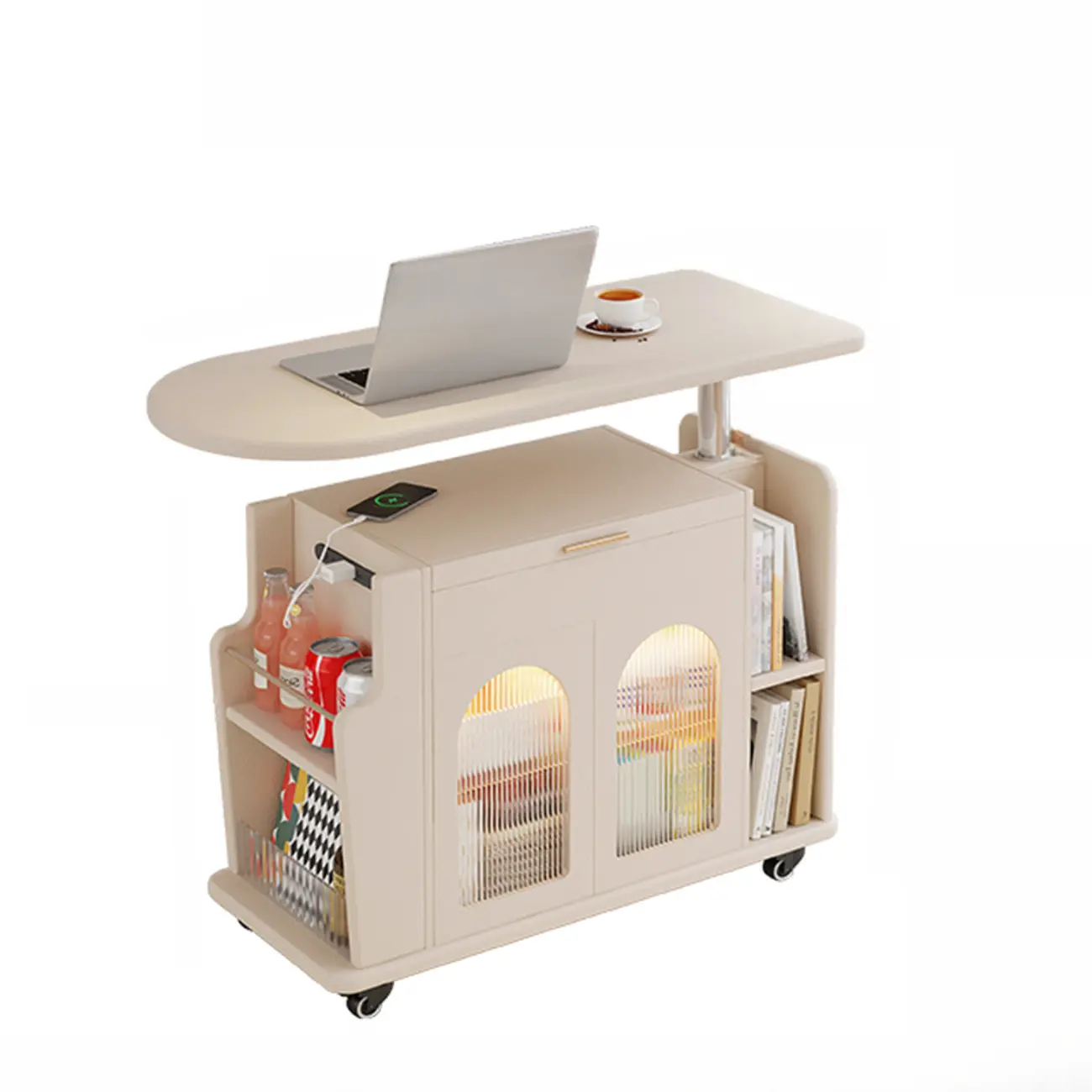 Adjustable White Wood Multi-Functional Side Table with Wheels Image - 11 | homeyfad