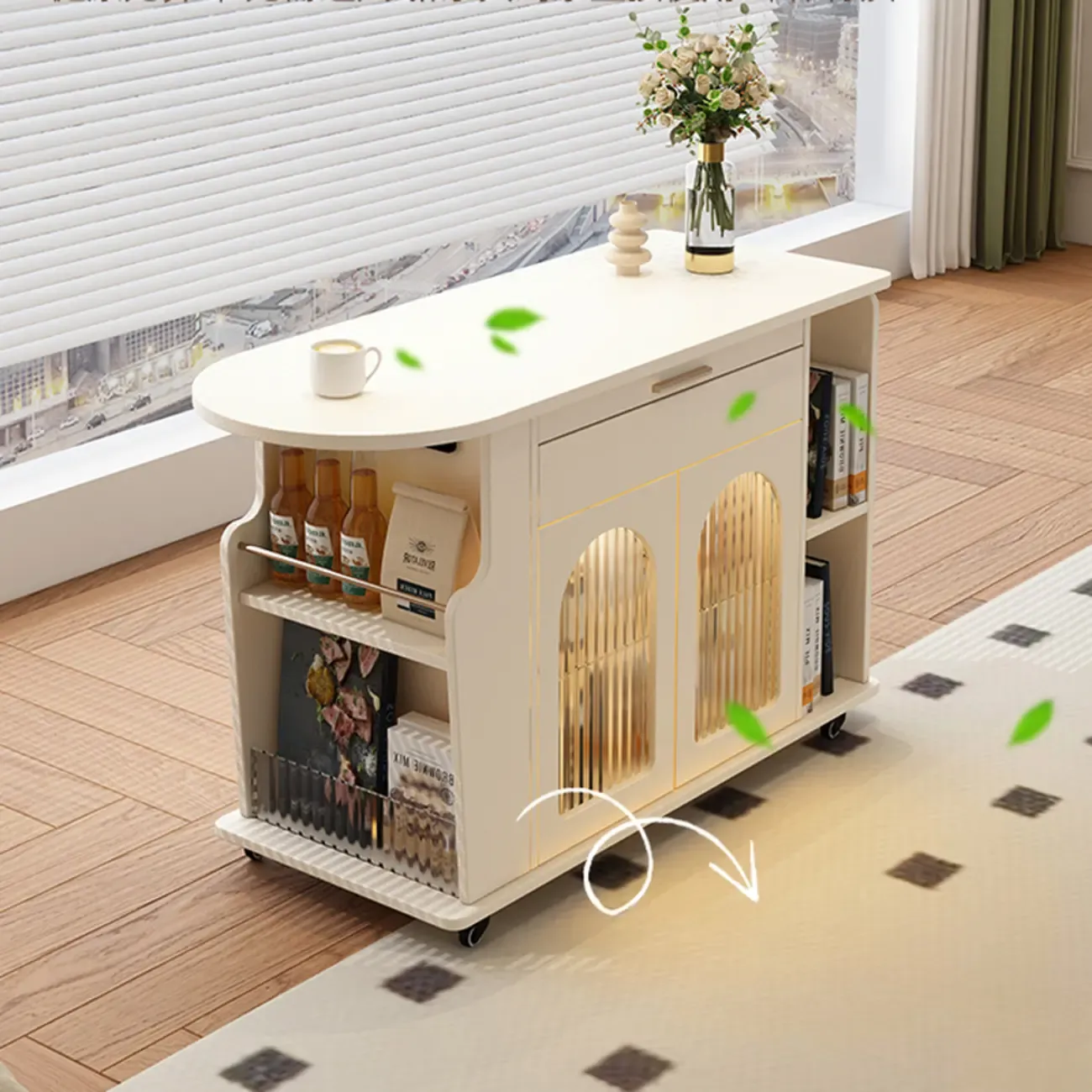 Adjustable White Wood Multi-Functional Side Table with Wheels Image - 3