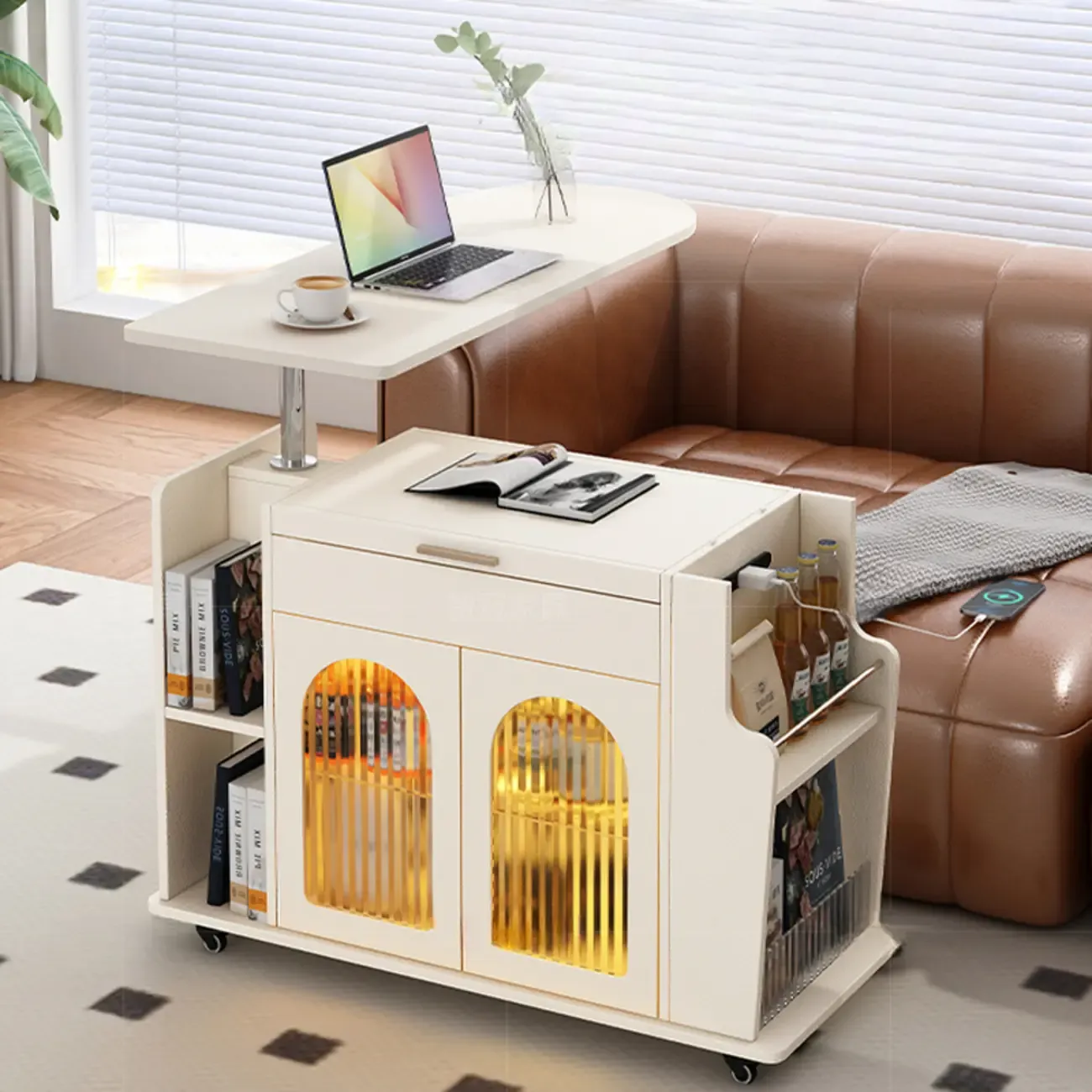 Adjustable White Wood Multi-Functional Side Table with Wheels Image - 4