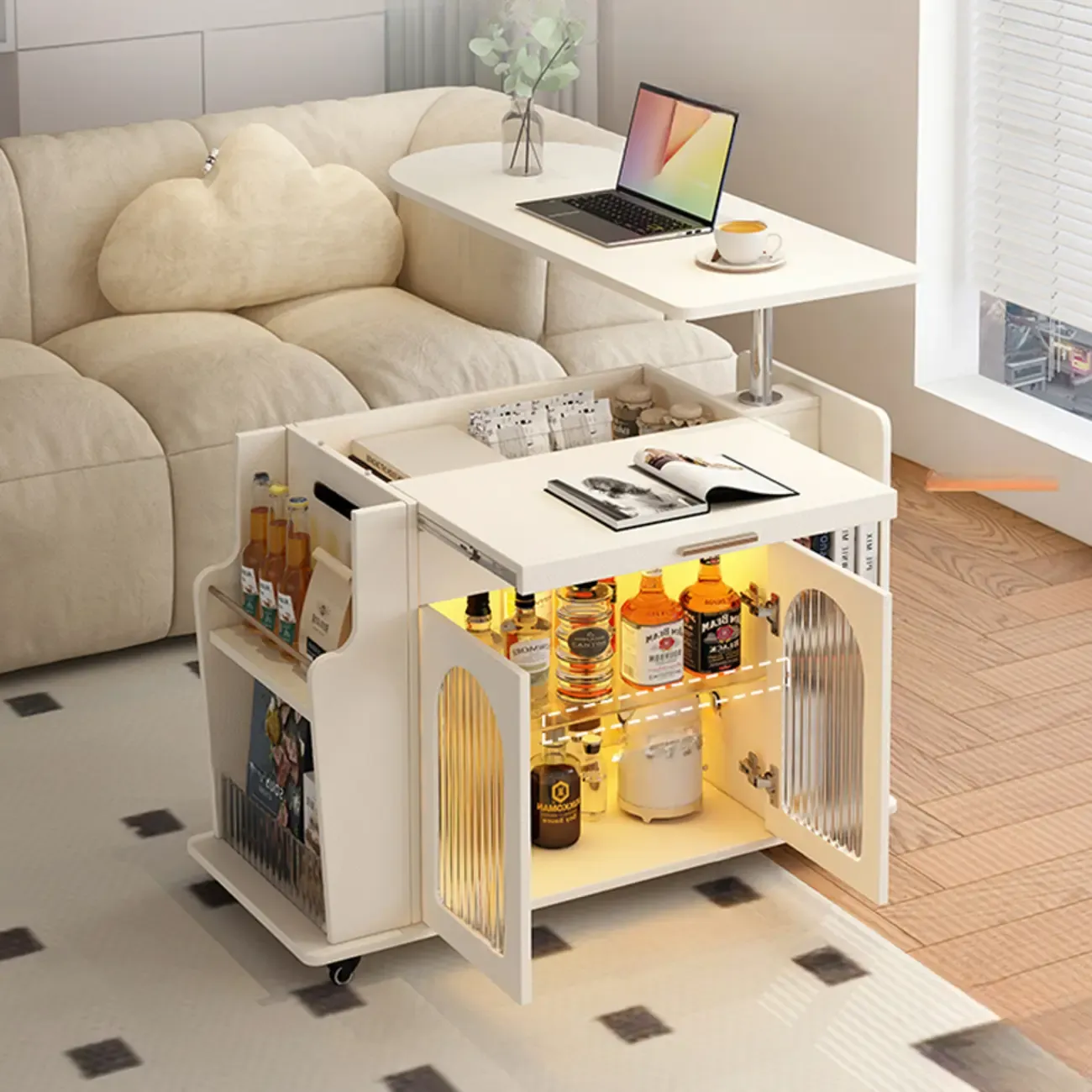 Adjustable White Wood Multi-Functional Side Table with Wheels Image - 5