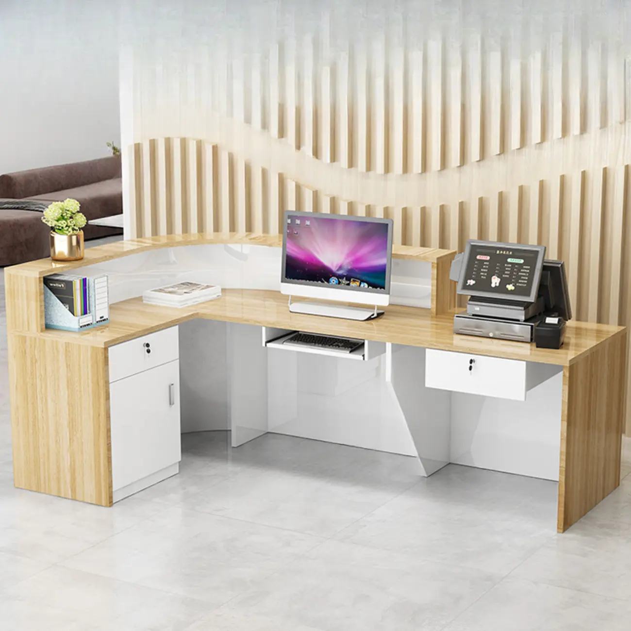 Multi-functional Modern White L-Shaped Reception Desk Image - 1 | homeyfad