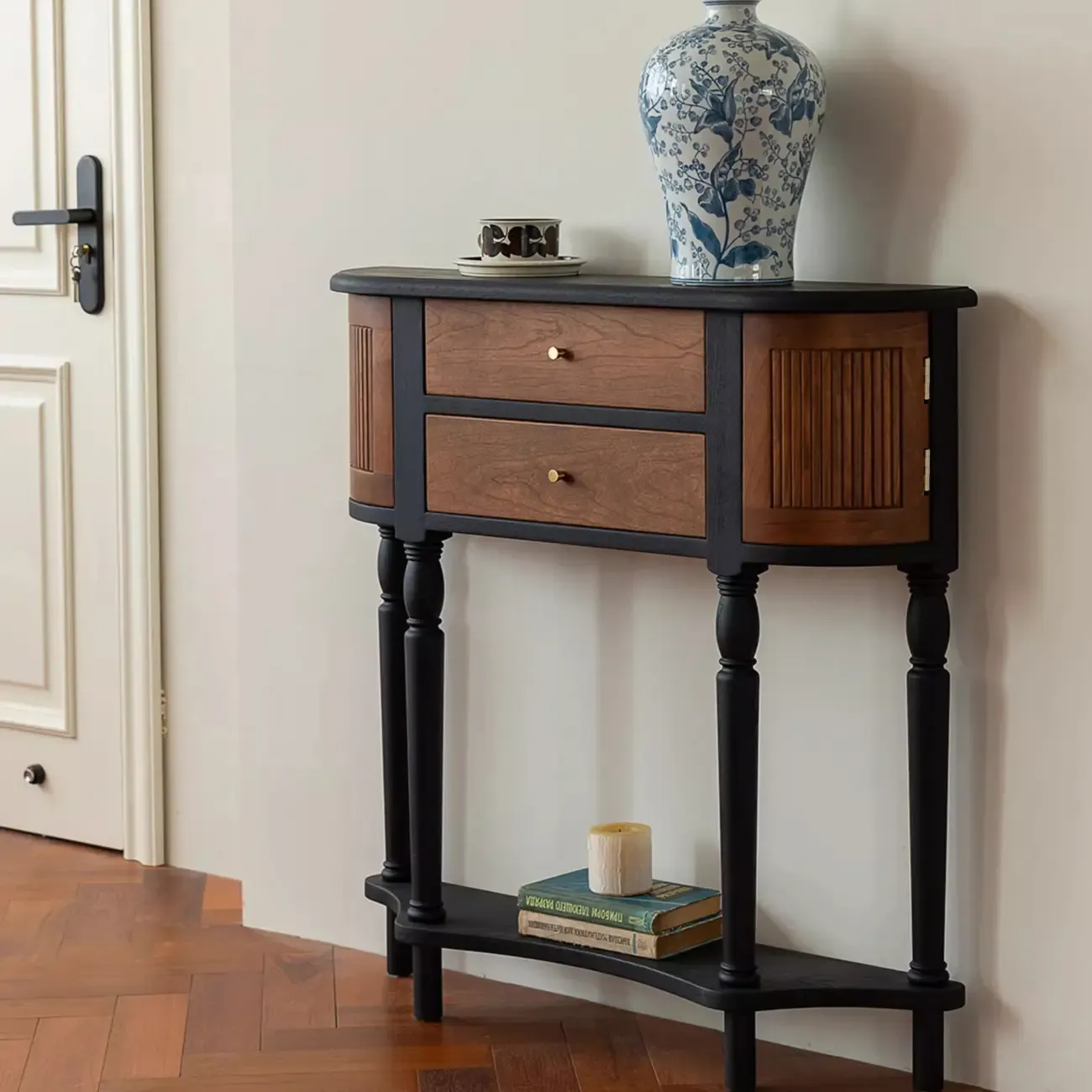 Natural Wood Live Edge Entrance Table with 2 Cabinets and 3 Shelves Image - 2