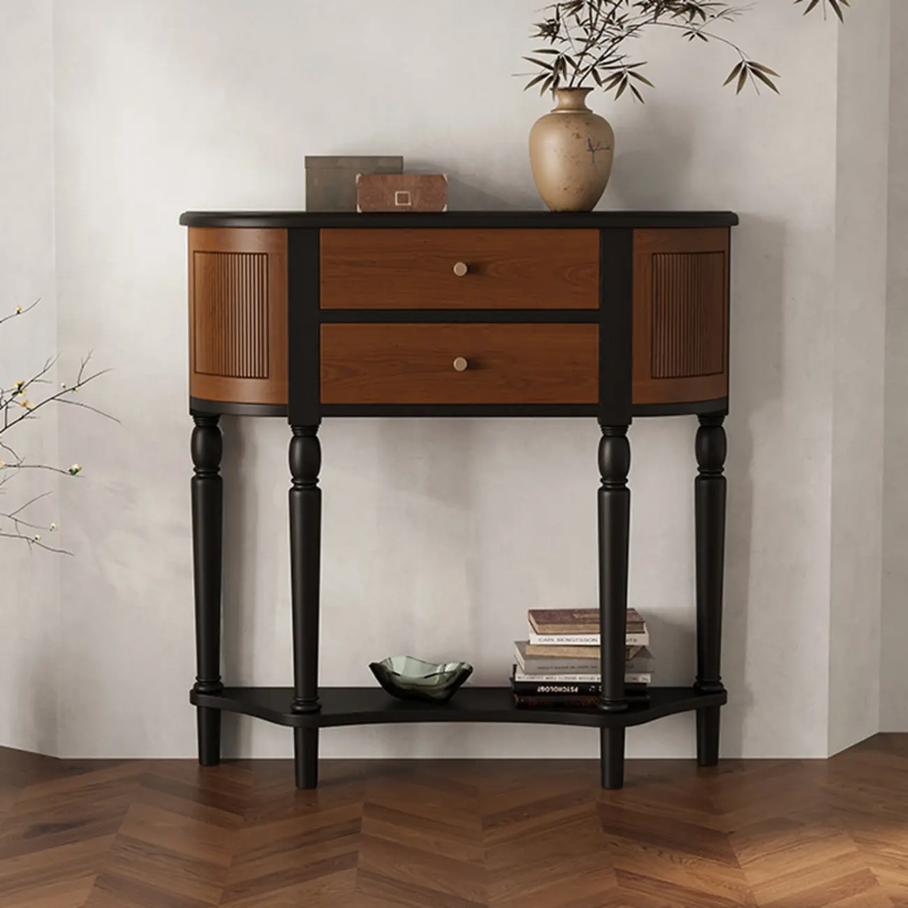 Natural Wood Live Edge Entrance Table with 2 Cabinets and 3 Shelves Image - 1 | homeyfad