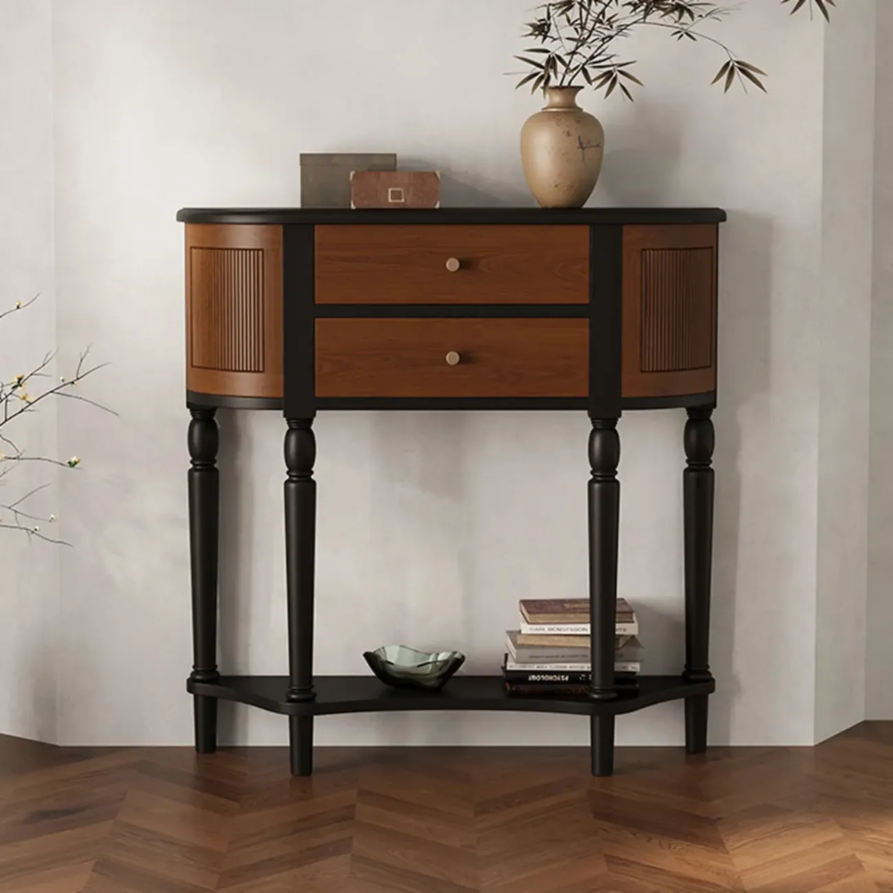 Natural Wood Live Edge Entrance Table with 2 Cabinets and 3 Shelves Image - 1