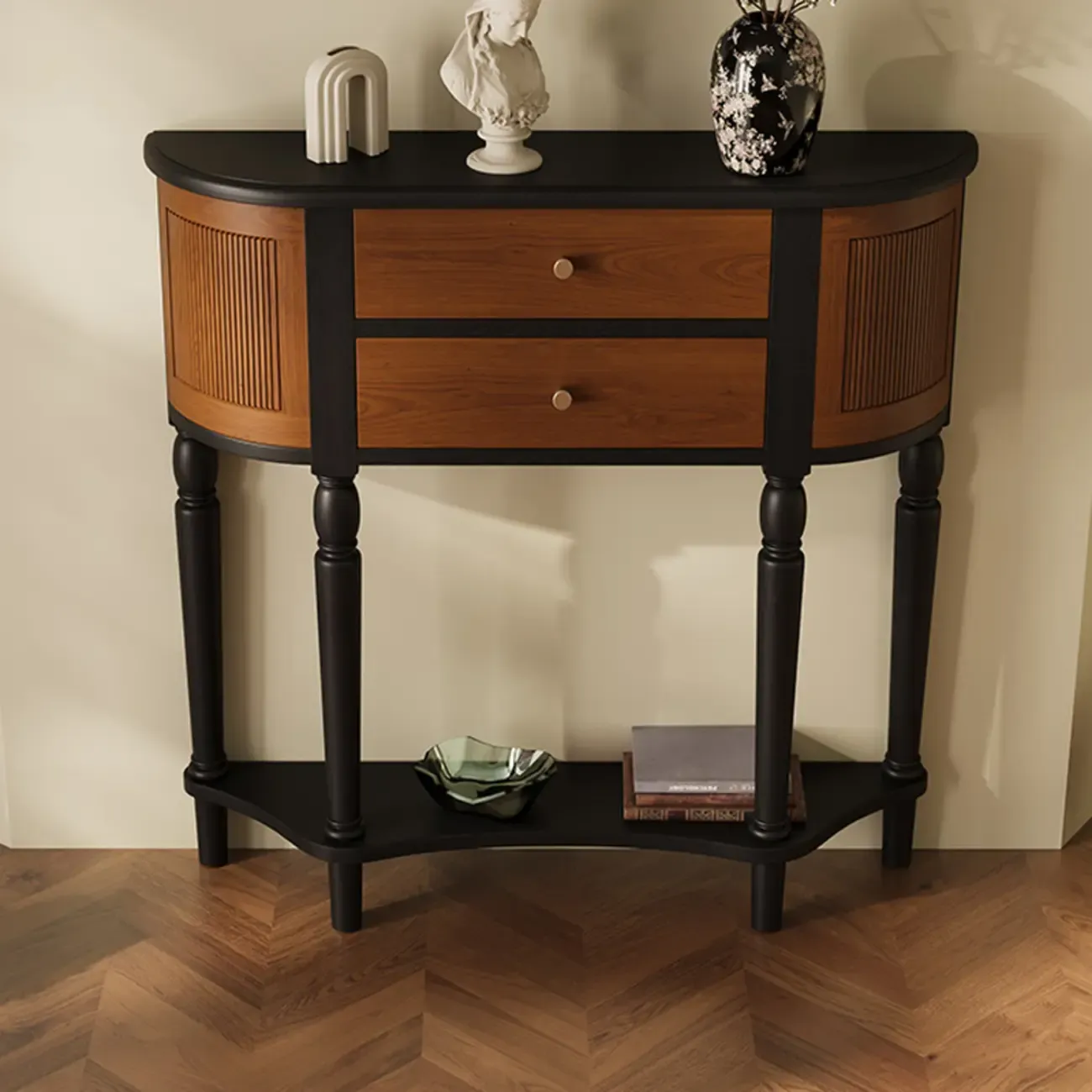 Natural Wood Live Edge Entrance Table with 2 Cabinets and 3 Shelves Image - 9