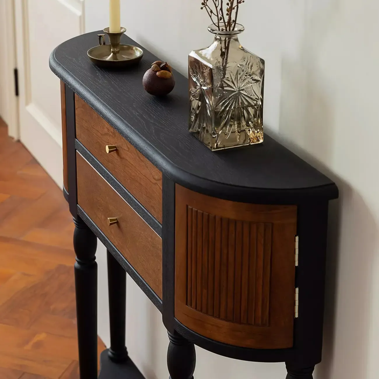 Natural Wood Live Edge Entrance Table with 2 Cabinets and 3 Shelves Image - 8