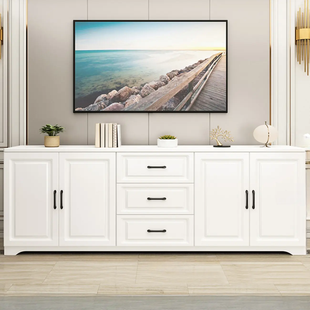 Modern Rectangular White 3-Drawer Wooden TV Stand | homeyfad