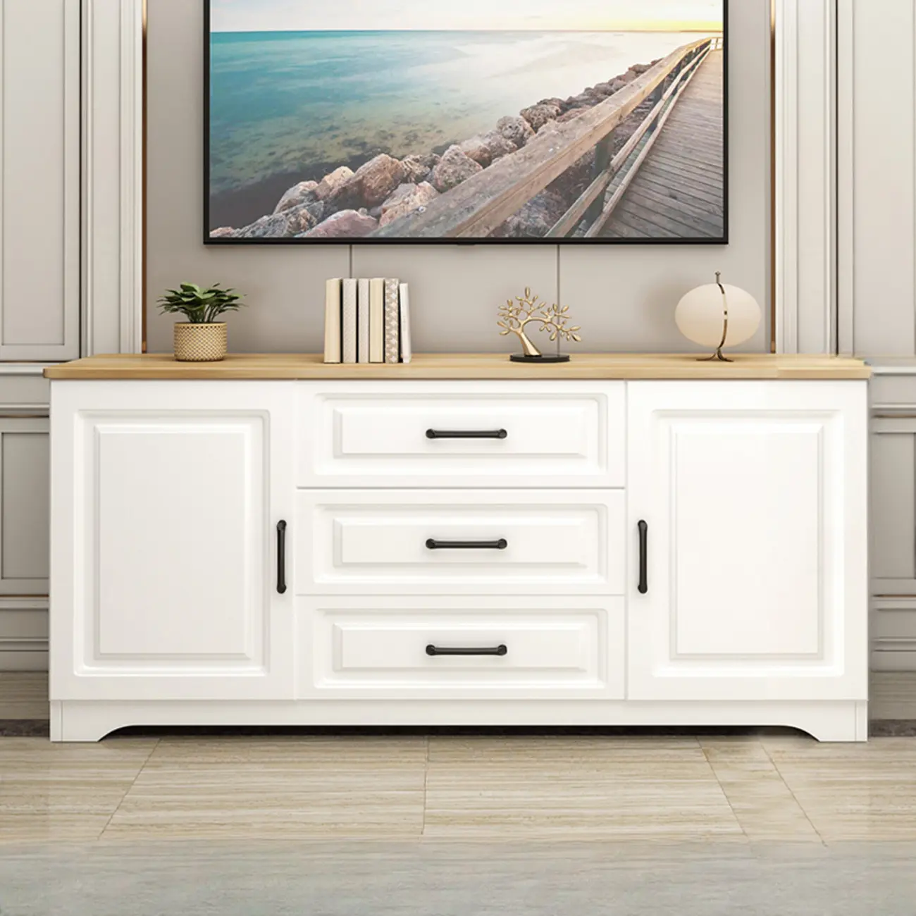 Modern Rectangular White 3-Drawer Wooden TV Stand | homeyfad