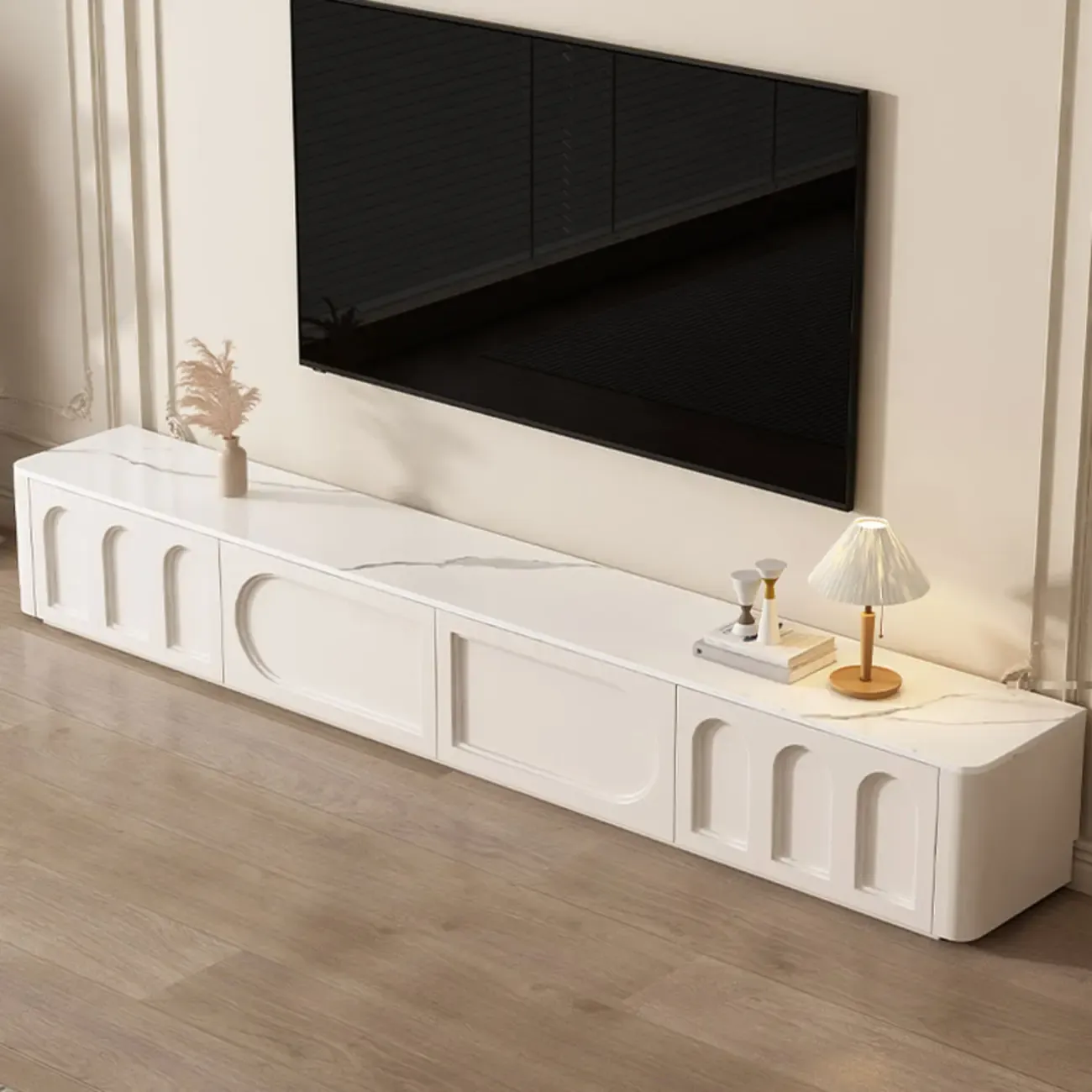 White Modern Long Wooden TV Stand with Drawers Image - 1