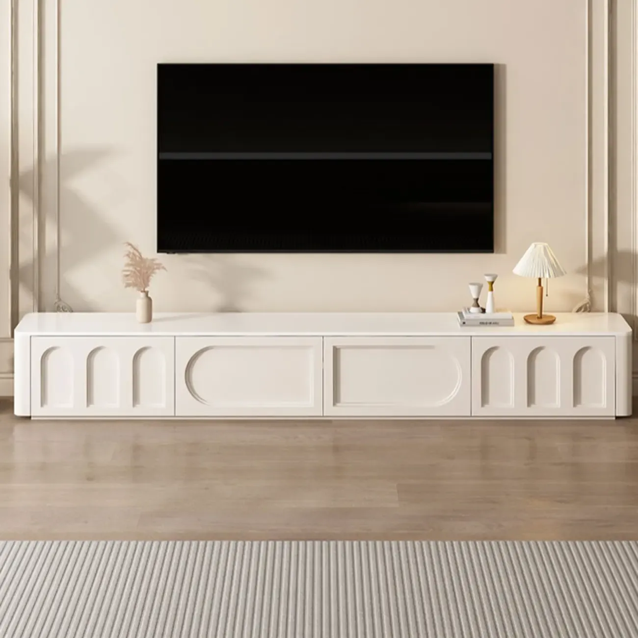 White Modern Long Wooden TV Stand with Drawers Image - 3