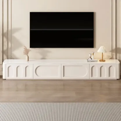White Modern Long Wooden TV Stand with Drawers Image - 3