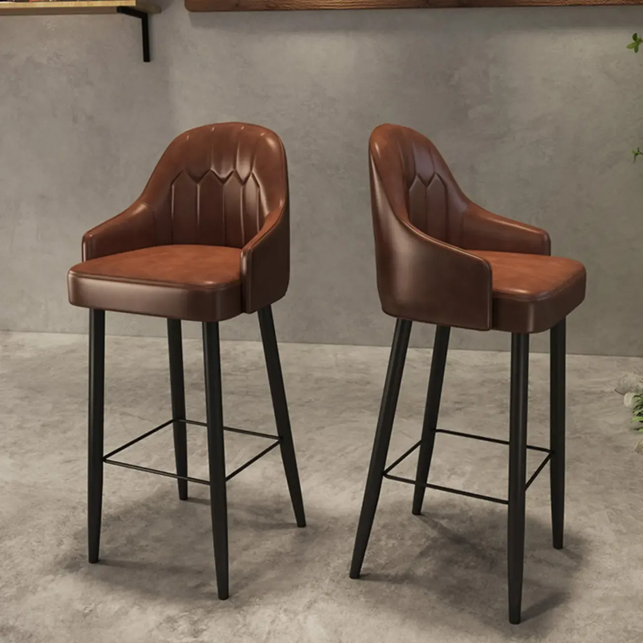 Mid-century Modern Saddle Brown Bucket Upholstered Leather Bar Stools Image - 3