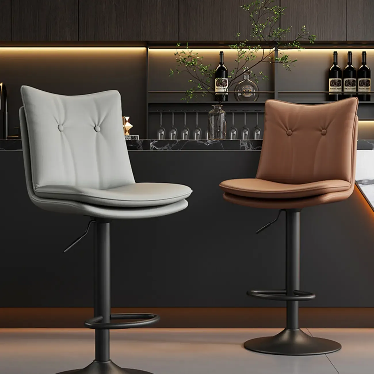 Adjustable Leather Low Back Swivel Bar Stools with Footrest Image - 2