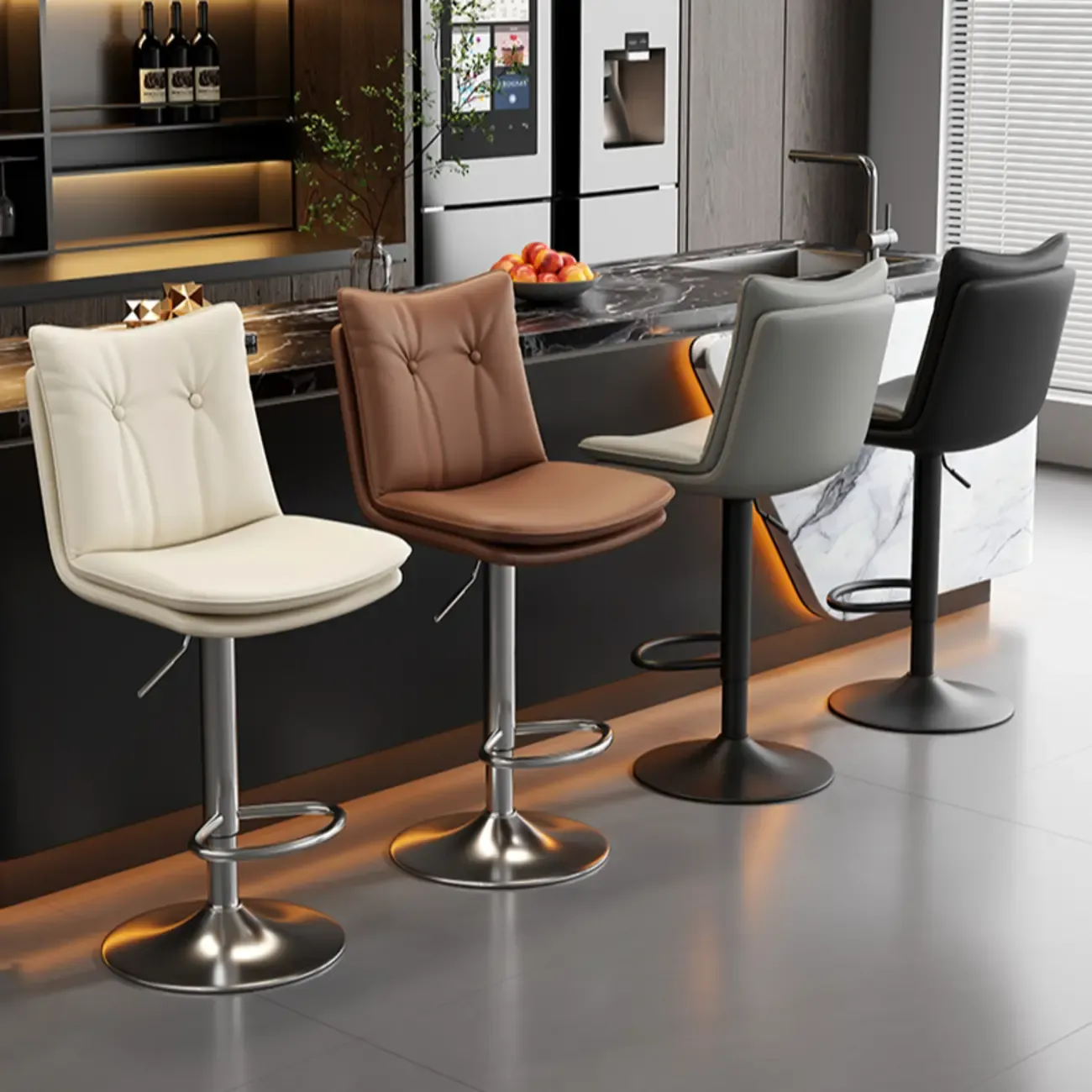Adjustable Leather Low Back Swivel Bar Stools with Footrest Image - 1