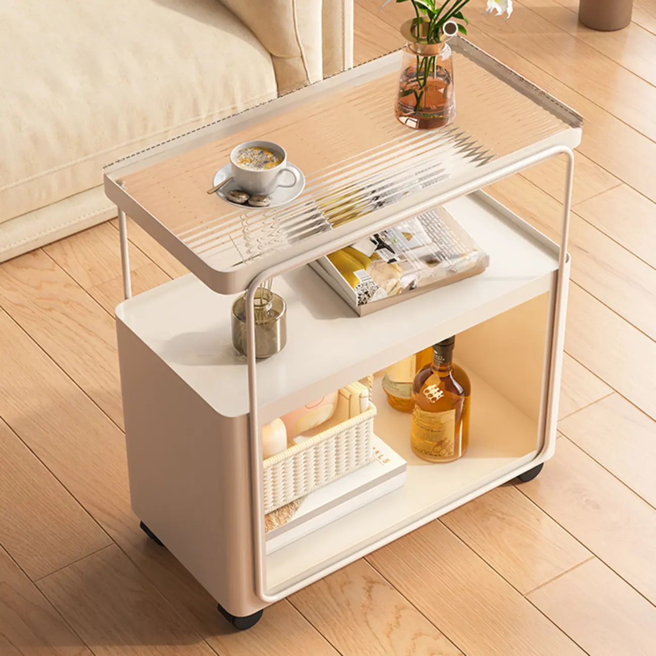 3-Tier Modern Acrylic Wheeled Storage Side Table Off-White Image - 2 | homeyfad