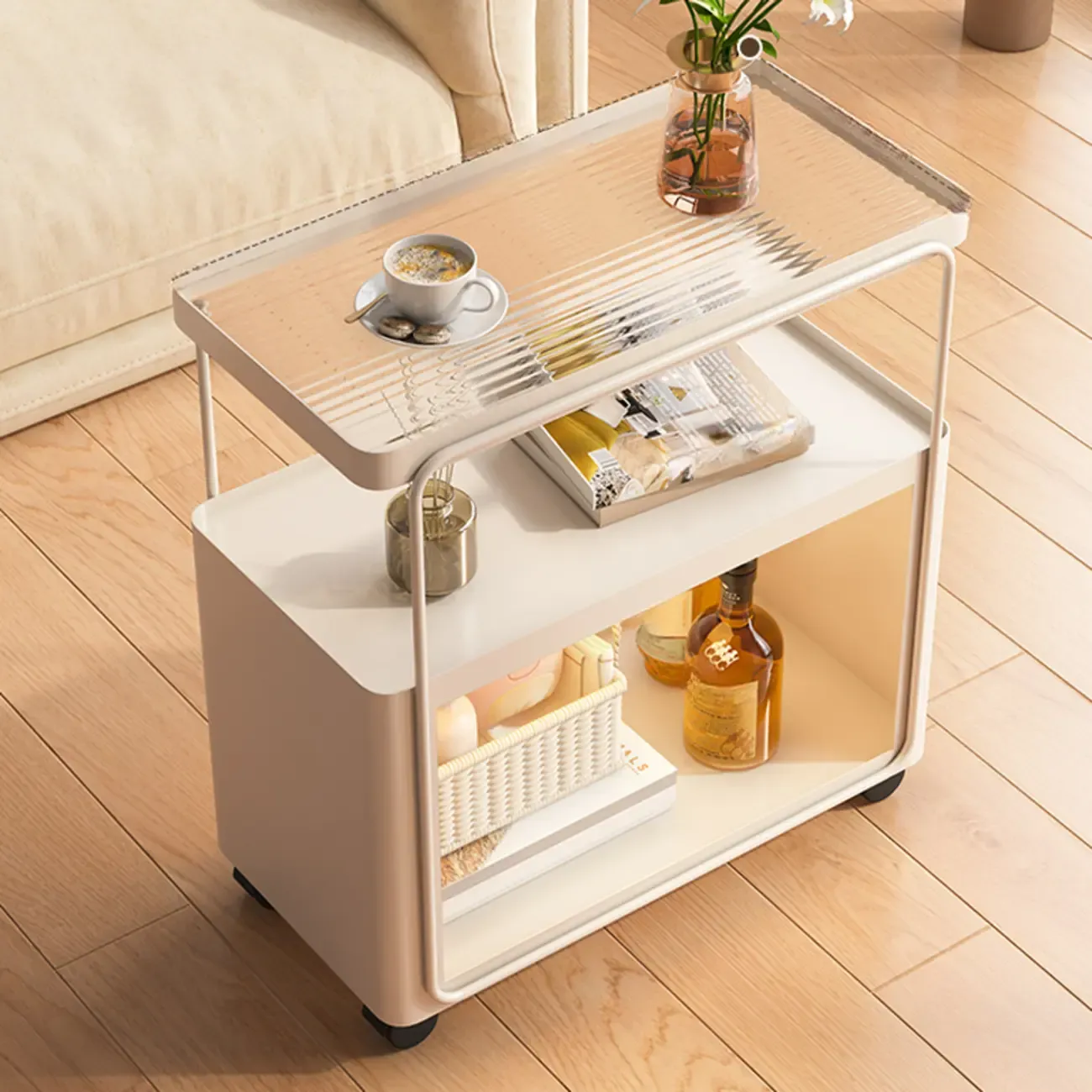 3-Tier Modern Acrylic Wheeled Storage Side Table Off-White Image - 2