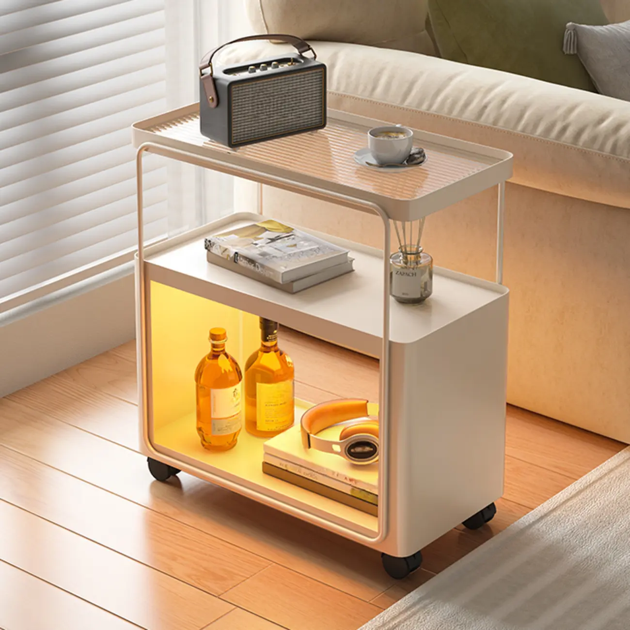 3-Tier Modern Acrylic Wheeled Storage Side Table Off-White Image - 1 | homeyfad