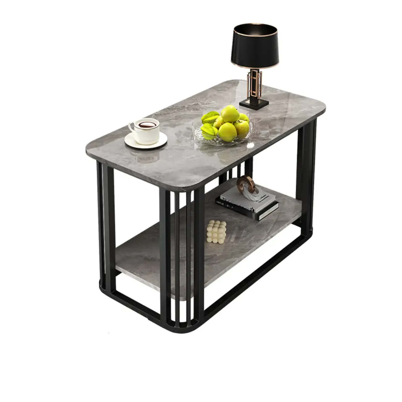 Luxury Rectangular Gold 2-Tier Coffee Table with Stone Top Image - 11